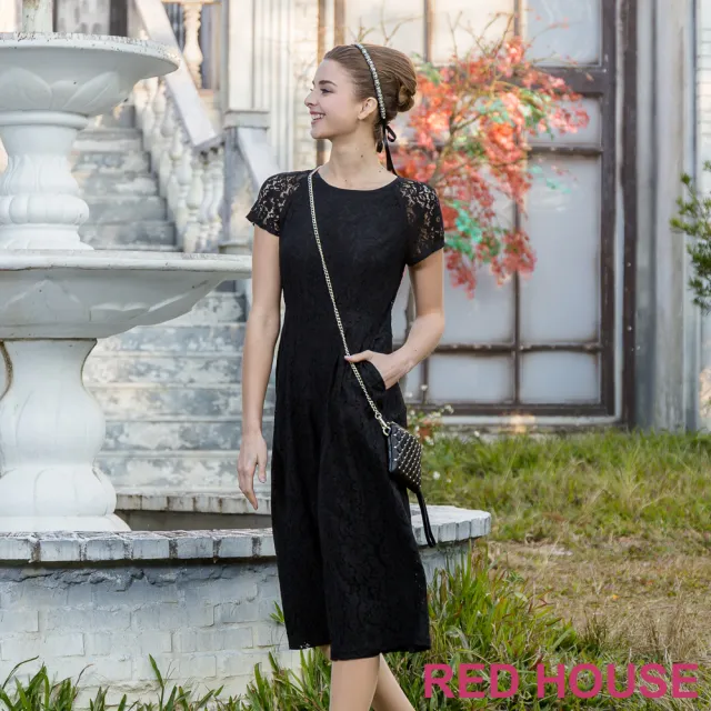 【RED HOUSE 蕾赫斯】質感花朵蕾絲連身褲(黑色)