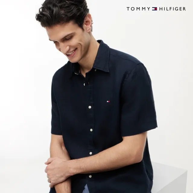 【TOMMY HILFIGER】官方旗艦館棉麻短袖襯衫 藍色