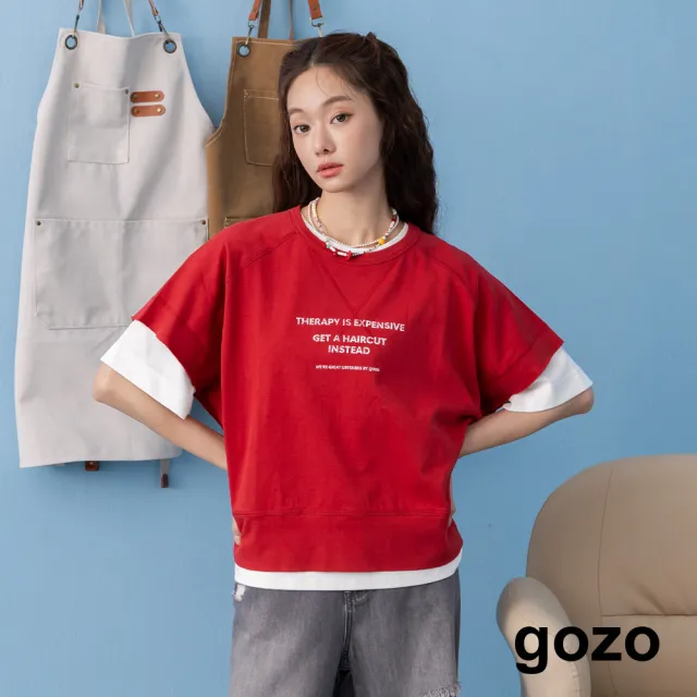 【gozo】沙龍諮商室連袖不收邊短版T恤(紅色/深藍)