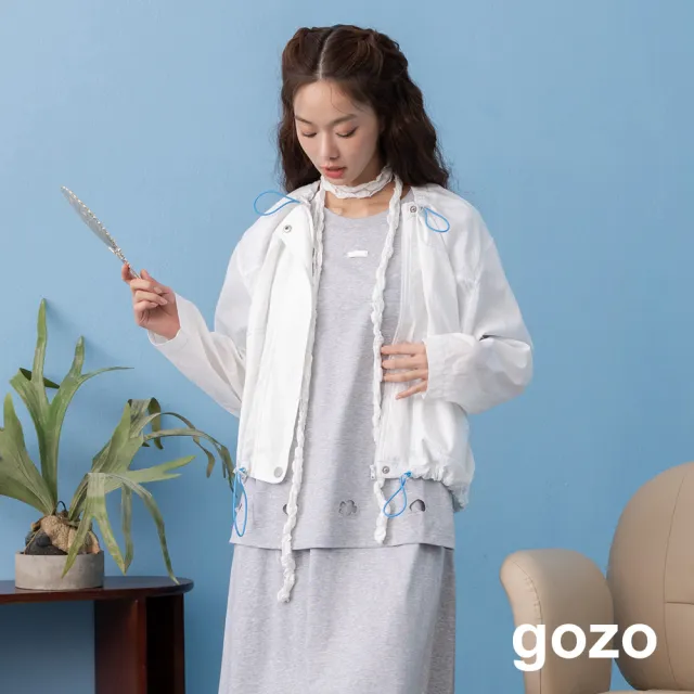 【gozo】配色車線立體抽皺遮陽外套(白色/淺紫)