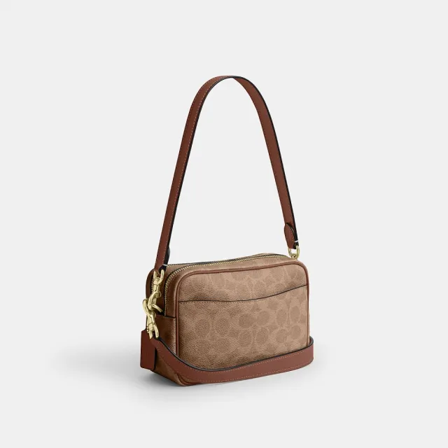 【COACH】蔻馳官方直營 CAREY 經典 SIGNATURE 迷你斜背包 相機包-IM/棕黃色/棕色(CEK69)