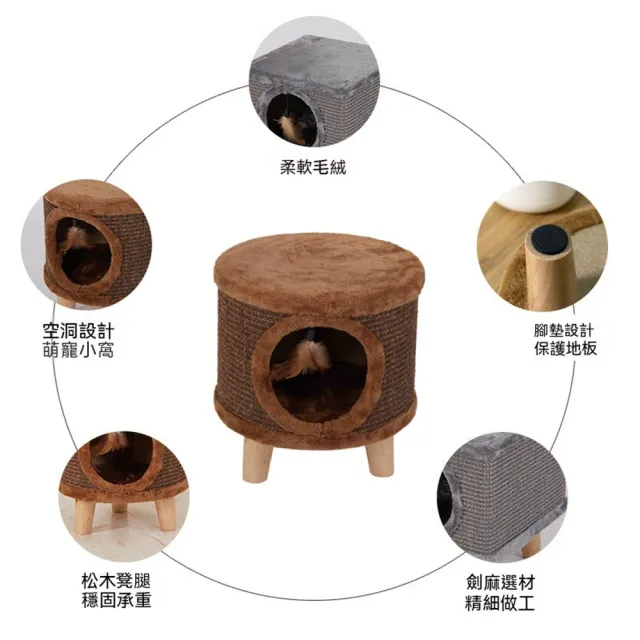 【MOOG 沐格】人寵共用貓凳 貓窩 劍麻抓抓板 毛絨寵物窩 方形圓形可選 不佔空間 封閉式貓屋 寵物家具