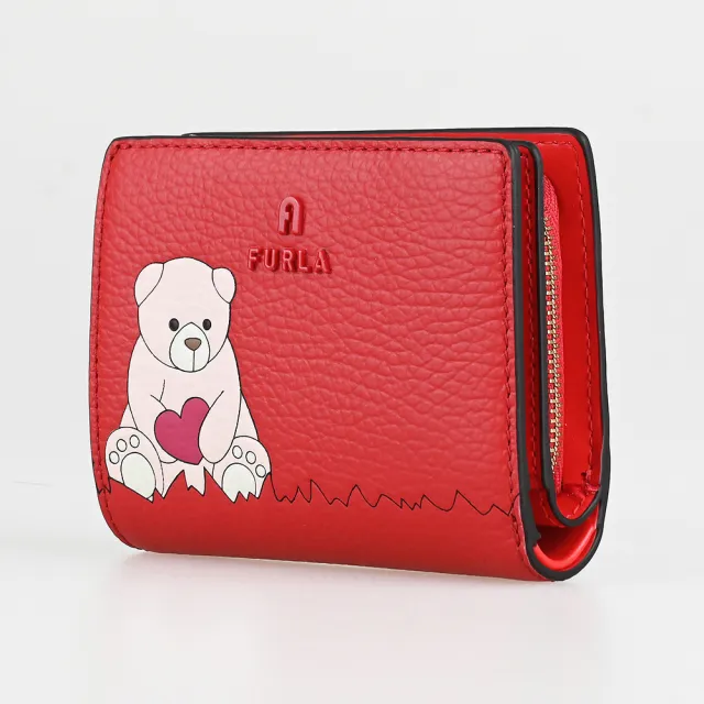 【FURLA 芙拉】FURLA精品粒面小牛皮熊抱心折疊釦式短夾(4卡/紅)