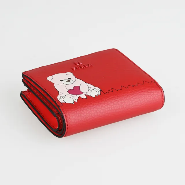【FURLA 芙拉】FURLA精品粒面小牛皮熊抱心折疊釦式短夾(4卡/紅)