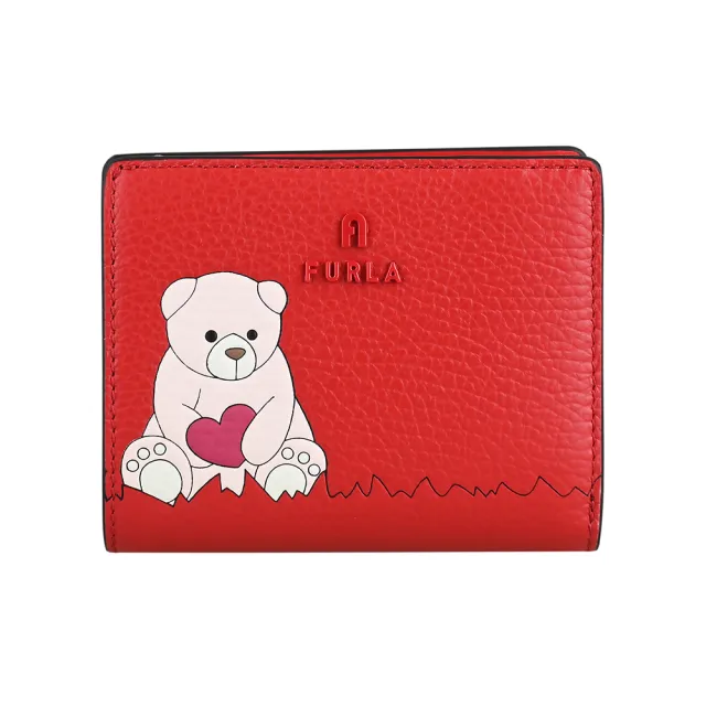 【FURLA 芙拉】FURLA精品粒面小牛皮熊抱心折疊釦式短夾(4卡/紅)