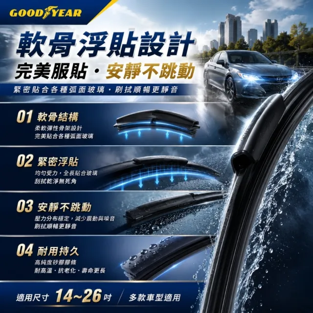 【GOODYEAR 固特異】極淨矽膠撥水軟骨雨刷 14-26吋 軟骨雨刷｜靜音雨刷｜矽膠雨刷