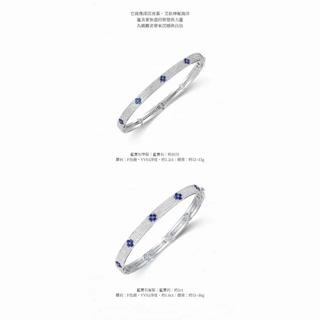 海斯珠寶 1克拉天然藍寶石 18K金手鐲 鑽石鑲嵌 圓形切割 珠寶級密鑲工藝 四葉草Lucky系列