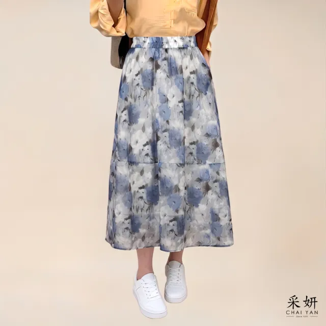 【CHAI YAN 采妍】銀絲花布中長裙(春夏女裝/中大尺碼/中長裙/花布)