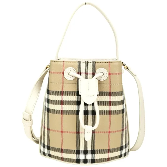 【BURBERRY 巴寶莉】Vintage Check Mini 格紋塗層帆布手提/肩斜背水桶包(典藏米x皂米色 抽繩 束口包)