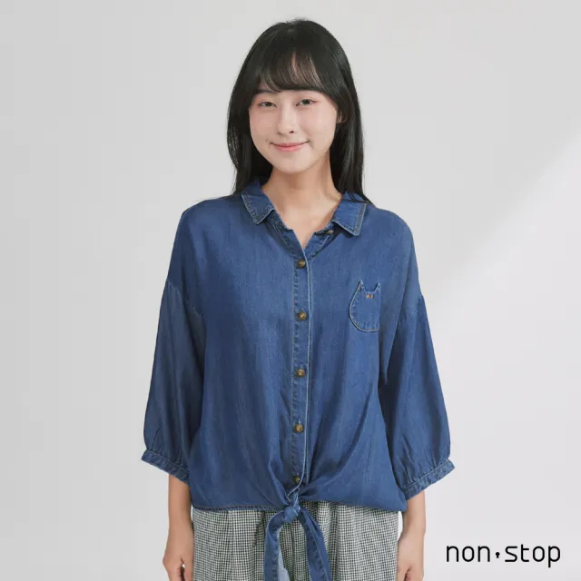 【non-stop】貓咪口袋綁帶丹寧襯衫-2色