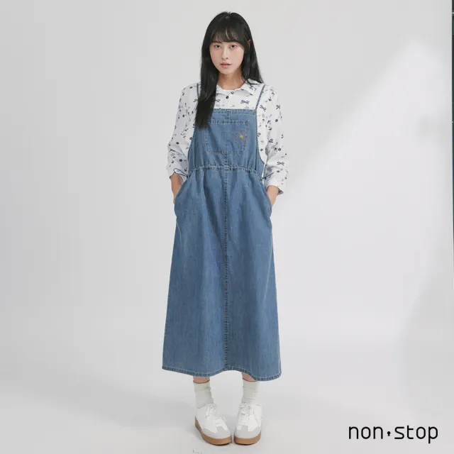 【non-stop】花朵刺繡口袋丹寧吊帶洋裝-2色