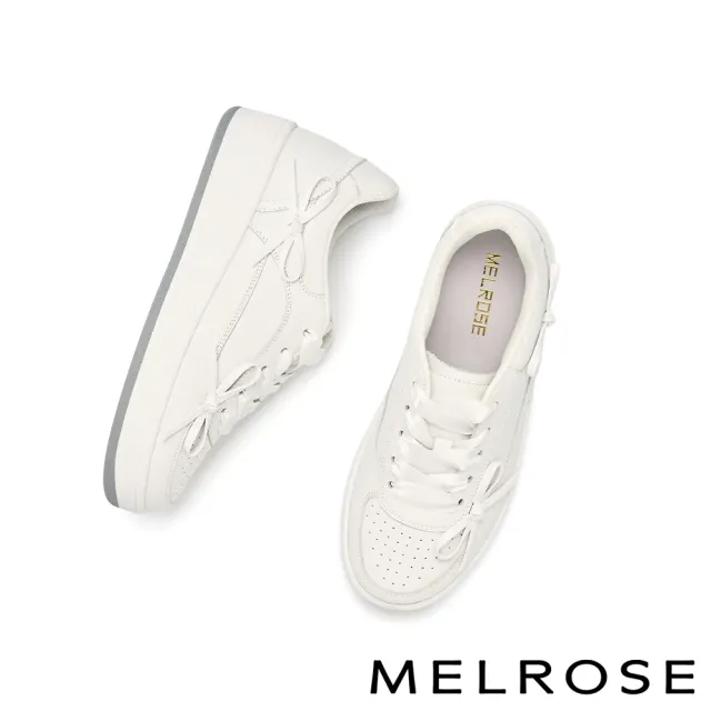 【MELROSE】美樂斯 甜美率性蝴蝶結牛皮緞布鞋帶厚底休閒鞋(白)