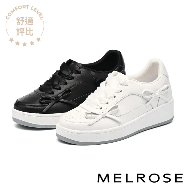 【MELROSE】美樂斯 甜美率性蝴蝶結牛皮緞布鞋帶厚底休閒鞋(白)
