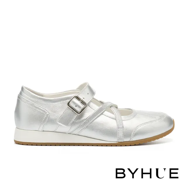 【BYHUE】率性優雅交叉鬆緊帶牛皮軟芯瑪莉珍厚底休閒鞋(銀)