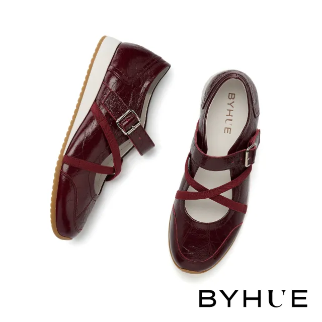【BYHUE】率性優雅交叉鬆緊帶牛皮軟芯瑪莉珍厚底休閒鞋(紅)