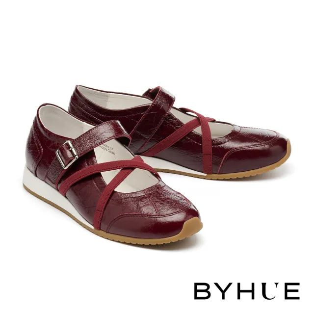 【BYHUE】率性優雅交叉鬆緊帶牛皮軟芯瑪莉珍厚底休閒鞋(紅)