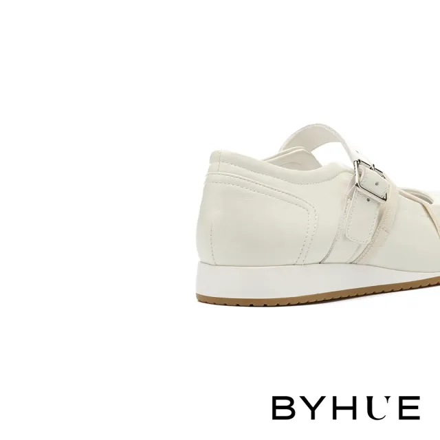 【BYHUE】率性優雅交叉鬆緊帶牛皮軟芯瑪莉珍厚底休閒鞋(米白)