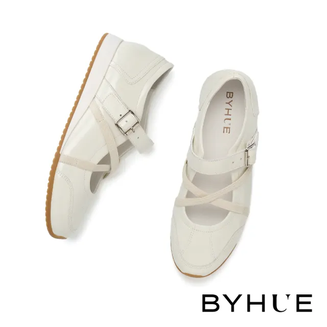 【BYHUE】率性優雅交叉鬆緊帶牛皮軟芯瑪莉珍厚底休閒鞋(米白)