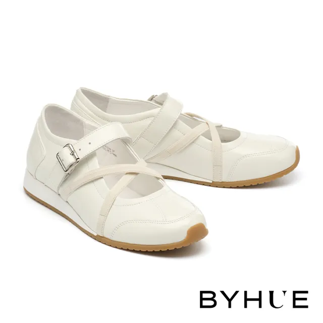 【BYHUE】率性優雅交叉鬆緊帶牛皮軟芯瑪莉珍厚底休閒鞋(米白)