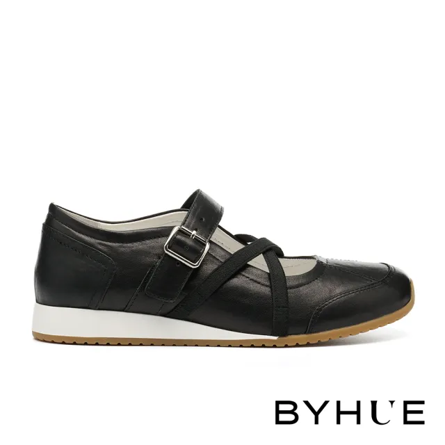 【BYHUE】率性優雅交叉鬆緊帶牛皮軟芯瑪莉珍厚底休閒鞋(黑)