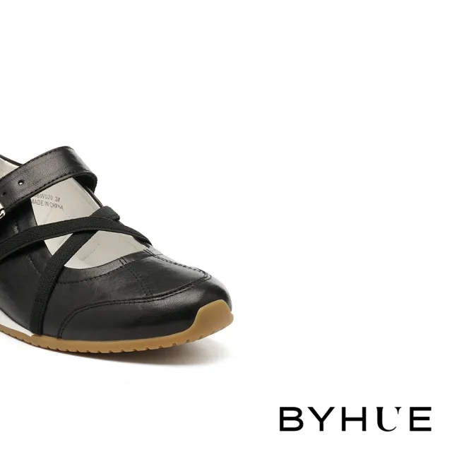 【BYHUE】率性優雅交叉鬆緊帶牛皮軟芯瑪莉珍厚底休閒鞋(黑)