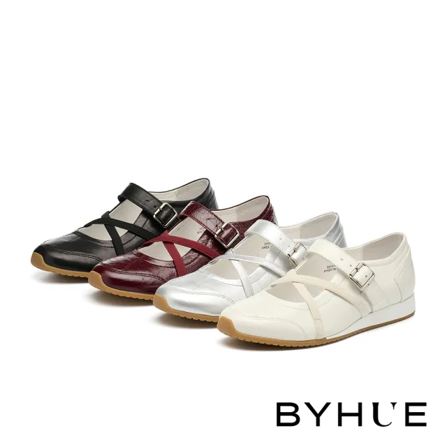 【BYHUE】率性優雅交叉鬆緊帶牛皮軟芯瑪莉珍厚底休閒鞋(黑)