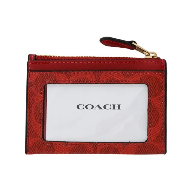 【COACH】前卡夾鑰匙零錢包(赤紅色/C Logo PVC /拼接/皮革)