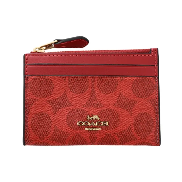 【COACH】前卡夾鑰匙零錢包(赤紅色/C Logo PVC /拼接/皮革)