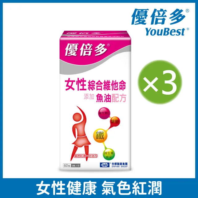 【杏輝醫藥】優倍多YouBest 女性綜合維他命軟膠囊魚油配方 3入組(共180粒-葉酸.補鐵.維生素C.維生素B12)