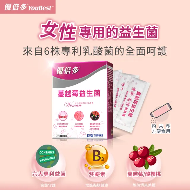 【YouBest 優倍多】蔓越莓益生菌(30包/盒-順暢益生菌.保證35億活菌.菸鹼素 專利私密益菌  中秋禮盒)