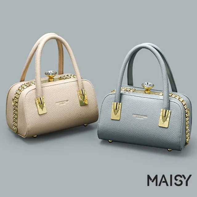 【MAISY】名媛鑽扣輕奢多用質感波士頓包 手提包 斜跨包(白色 / 卡其色 / 藍色 / 棕色 / 黑色)