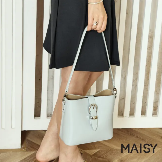 【MAISY】韓系個性亮澤真皮質感銀扣水桶包 單肩包 斜跨包(白色 / 藍色 / 紅色 / 黑色)