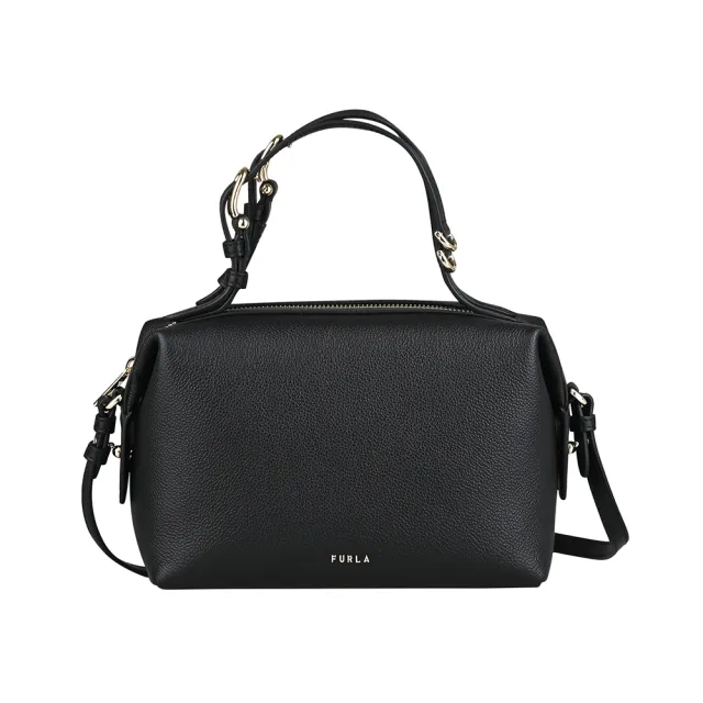 【FURLA 芙拉】FURLA精品粒面小牛皮拉鍊斜背波士頓包(迷你/黑)