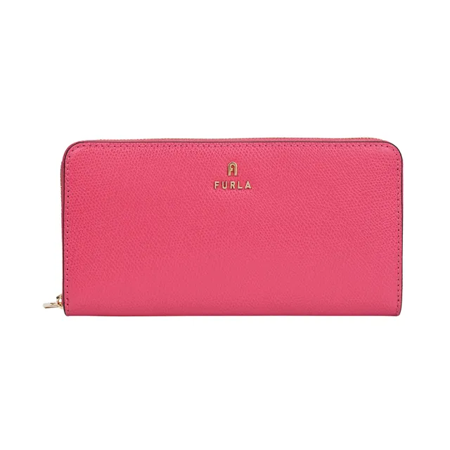【FURLA 芙拉】FURLA精品金屬LOGO荔枝紋牛皮大容量拉鍊長夾(12卡/桃X粉)