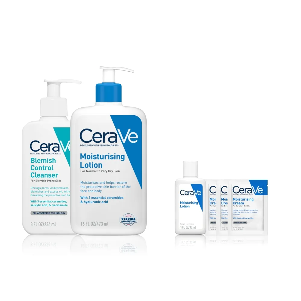 【CeraVe適樂膚】清爽淨膚加強組★淨膚白泥抗粉痘潔面露 236ml+長效清爽保濕乳473ml(控油抗粉痘/水楊酸)