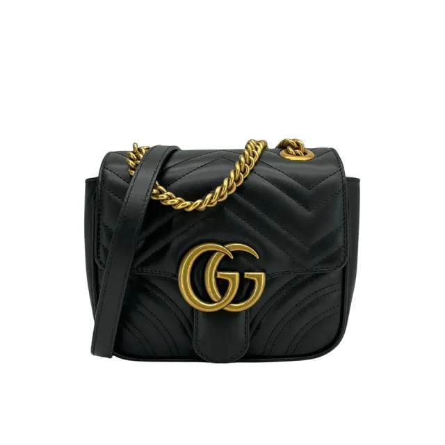 【GUCCI 古馳】GG Marmont 絎縫牛皮方型斜背包(739682-黑)