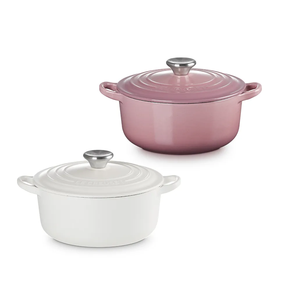 【Le Creuset】琺瑯鑄鐵鍋圓鍋 20cm(錦葵紫/棉花白 2色選1)