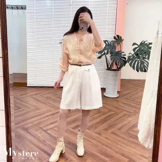【my stere 我的時尚秘境】雙11 亞麻西裝五分短褲 附腰帶 兩色 西裝短褲 西褲 遮跨短褲 A字短褲 傘擺短褲