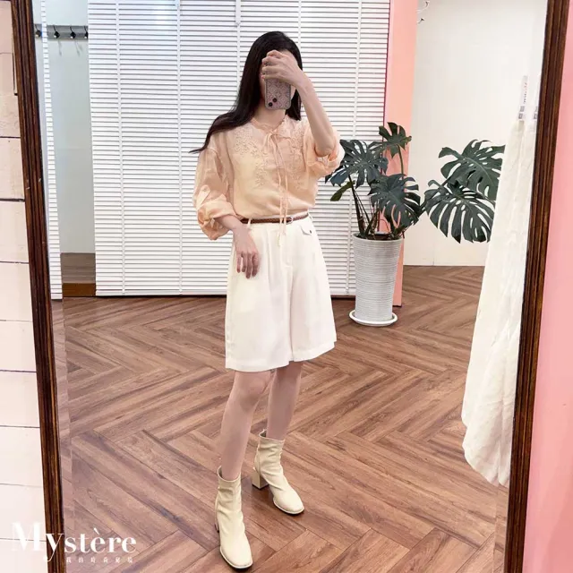 【my stere 我的時尚秘境】雙11 亞麻西裝五分短褲 附腰帶 兩色 西裝短褲 西褲 遮跨短褲 A字短褲 傘擺短褲