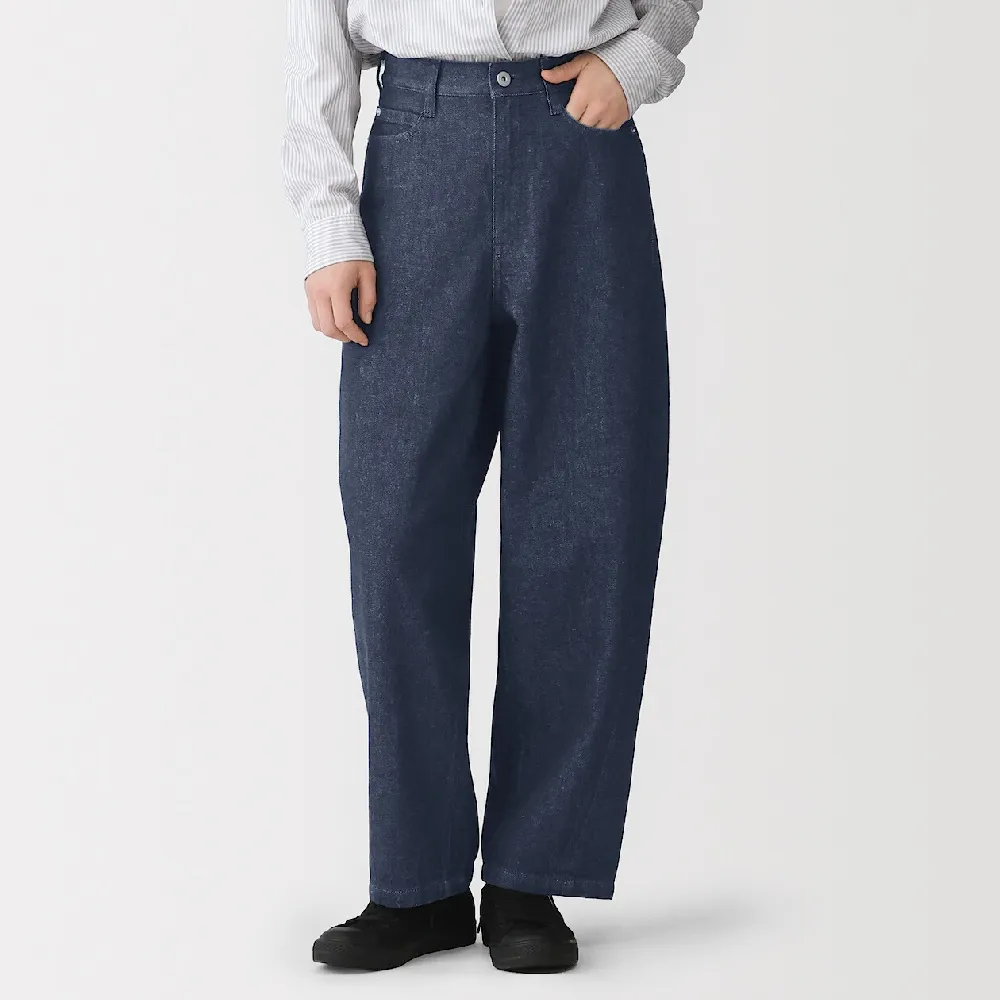 【MUJI 無印良品】女吉貝木棉混丹寧繭型褲(藍色/暗藍)