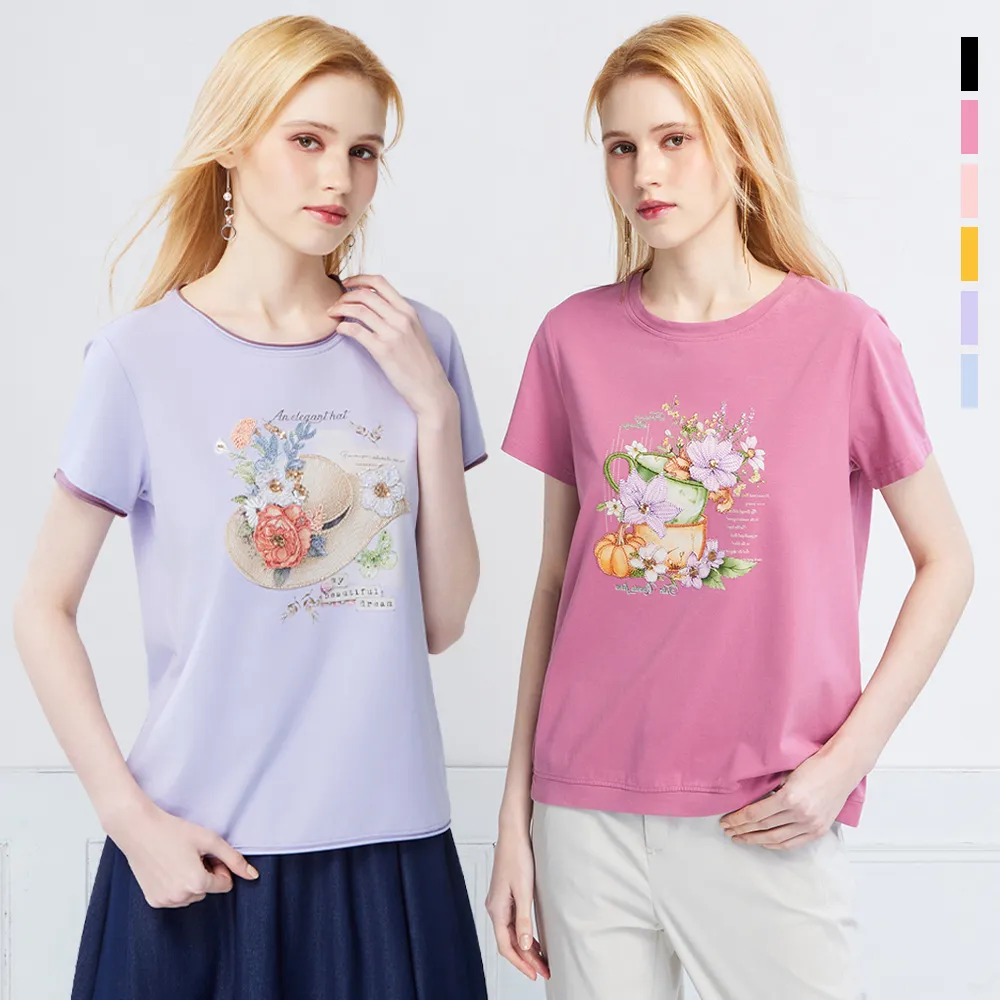 【MYVEGA 麥雪爾】MA涼感莫代爾棉標準修身版刺繡印花上衣-多款任選(日系/女上衣/涼感/短袖)