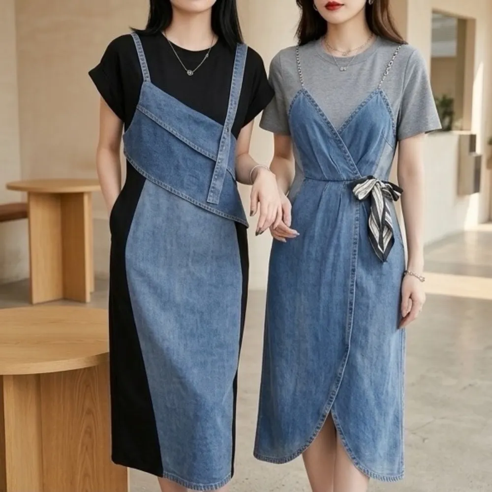 【巴黎精品】現貨+預購 牛仔連身裙拼接假兩件短袖洋裝長裙(顯瘦修身夏季收腰中長款女裙子6款f1aa17)
