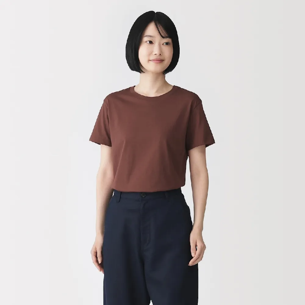 【MUJI 無印良品】女天竺圓領短袖T恤(白色/黑色/磚紅/淺黃/薰衣草紫/黑橫紋/黑紋樣/粉紅紋樣/灰棕紋樣)