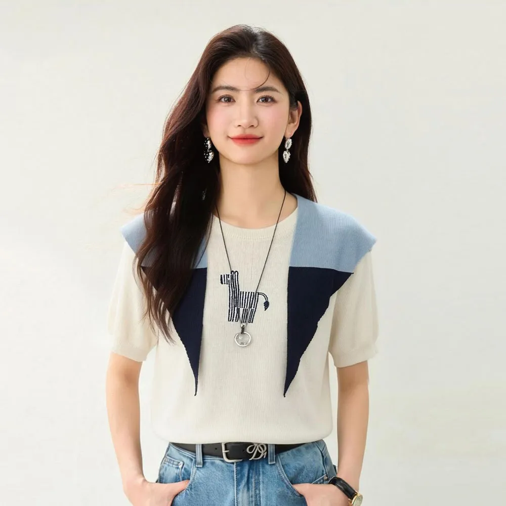 【Alishia】休閒百搭刺繡披肩針織兩件式上衣 短袖 S-XL(米白色)