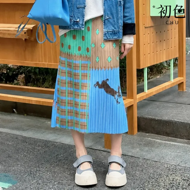 【初色】日系三宅風童趣印花皺摺撞色口袋直筒中大碼彈力顯瘦中長裙-共2色-53492(F可選)