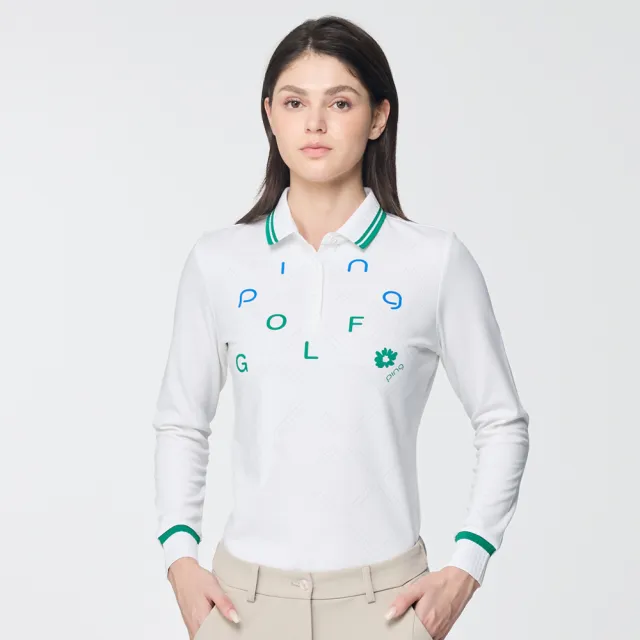 【PING】女款抽針領高爾夫長袖POLO衫-白(環保素材/GOLF/高爾夫球衫/RA25205-87)