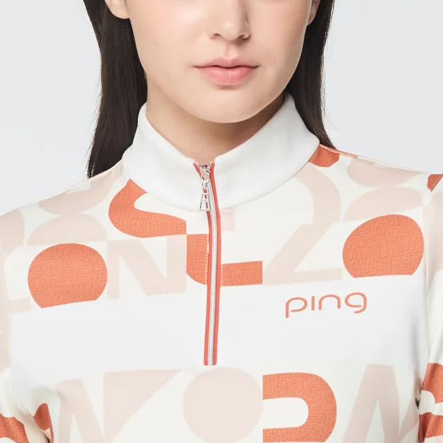 【PING】女款幾何字蓄熱保暖長袖立領上衣-卡其(GOLF/高爾夫球衫/RA25215-75)