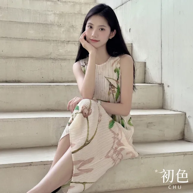 【初色】三宅風皺褶圓領純色印花壓褶彈力顯瘦中大尺碼無袖寬鬆中長裙連衣裙連身洋裝-共10色-53494(F可選)