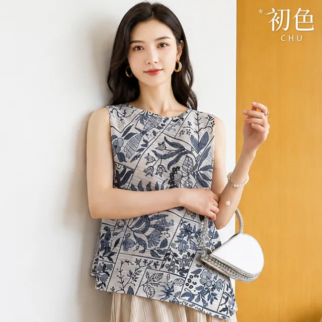 【初色】三宅風花卉印花圓領無袖皺褶寬鬆上衣女上衣-共3色-53541(F可選)