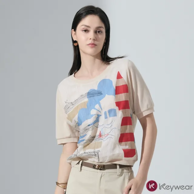 【KeyWear 奇威名品】海濱意象麻感拼接垂袖針織上衣